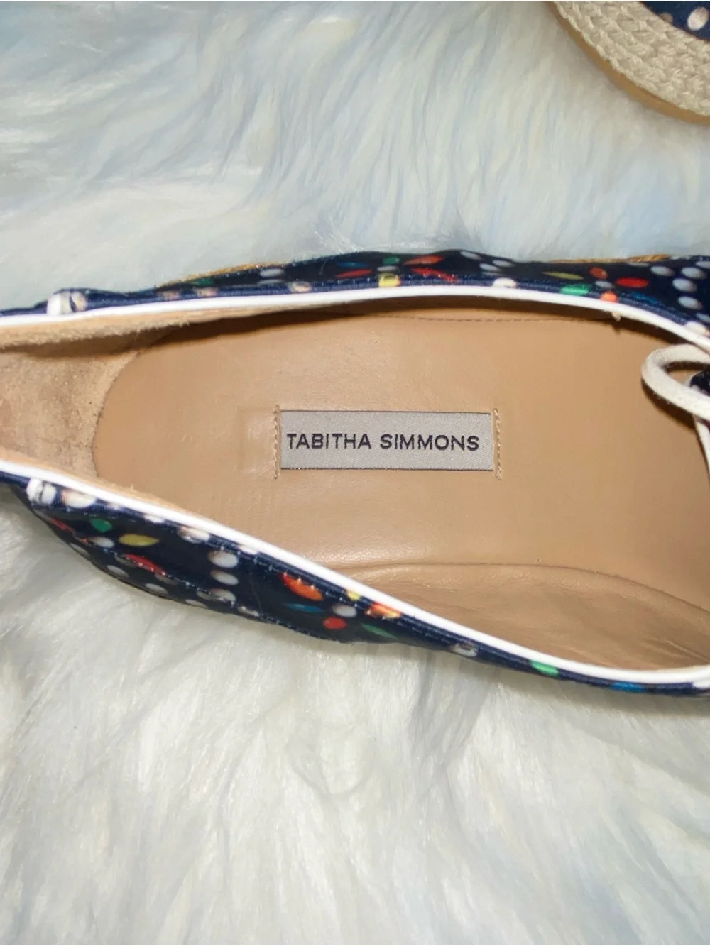 Designer Tabitha Simmons Seville Navy Polka Dot Espadrille Sneakers Flats GUC